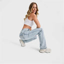 WRUP SNUG Jeans - 2 Button High Waisted - Bootcut - Light Blue + Yellow Stitching