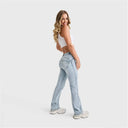 WRUP SNUG Jeans - 2 Button High Waisted - Bootcut - Light Blue + Yellow Stitching