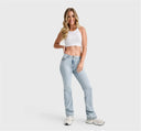 WRUP SNUG Jeans - 2 Button High Waisted - Bootcut - Light Blue + Yellow Stitching