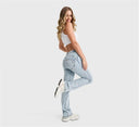 WRUP SNUG Jeans - 2 Button High Waisted - Bootcut - Light Blue + Yellow Stitching