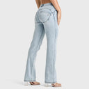 WRUP SNUG Jeans - 2 Button High Waisted - Bootcut - Light Blue + Yellow Stitching