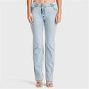WRUP SNUG Jeans - 2 Button High Waisted - Bootcut - Light Blue + Yellow Stitching
