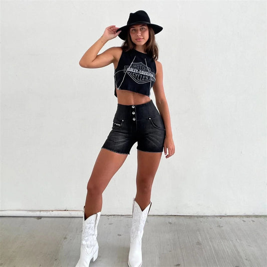 WRUP SNUG Jeans - High Waisted - Shorts - Black + Black Stitching