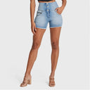 WRUP SNUG Jeans - High Waisted - Shorts - Light Blue + Yellow Stitching
