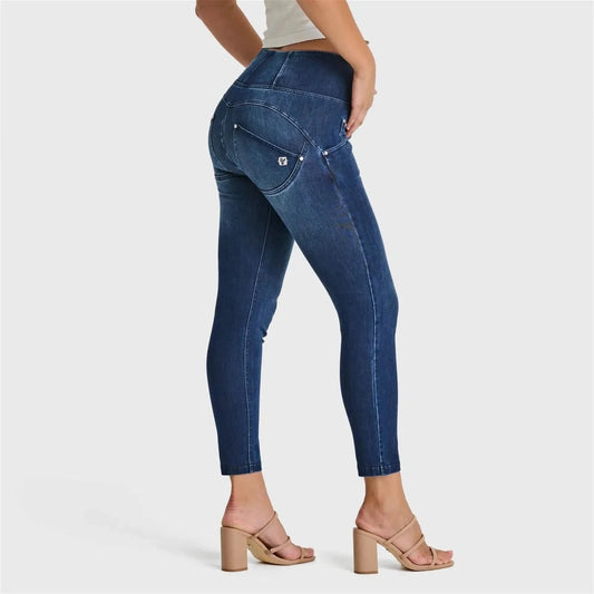 WRUP SNUG Jeans - High Waisted - Ankle Length - Dark Blue + Blue Stitching