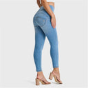 WRUP SNUG Jeans - High Waisted - Petite Length - Light Blue + Yellow Stitching