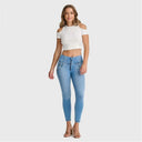 WRUP SNUG Jeans - High Waisted - Petite Length - Light Blue + Yellow Stitching