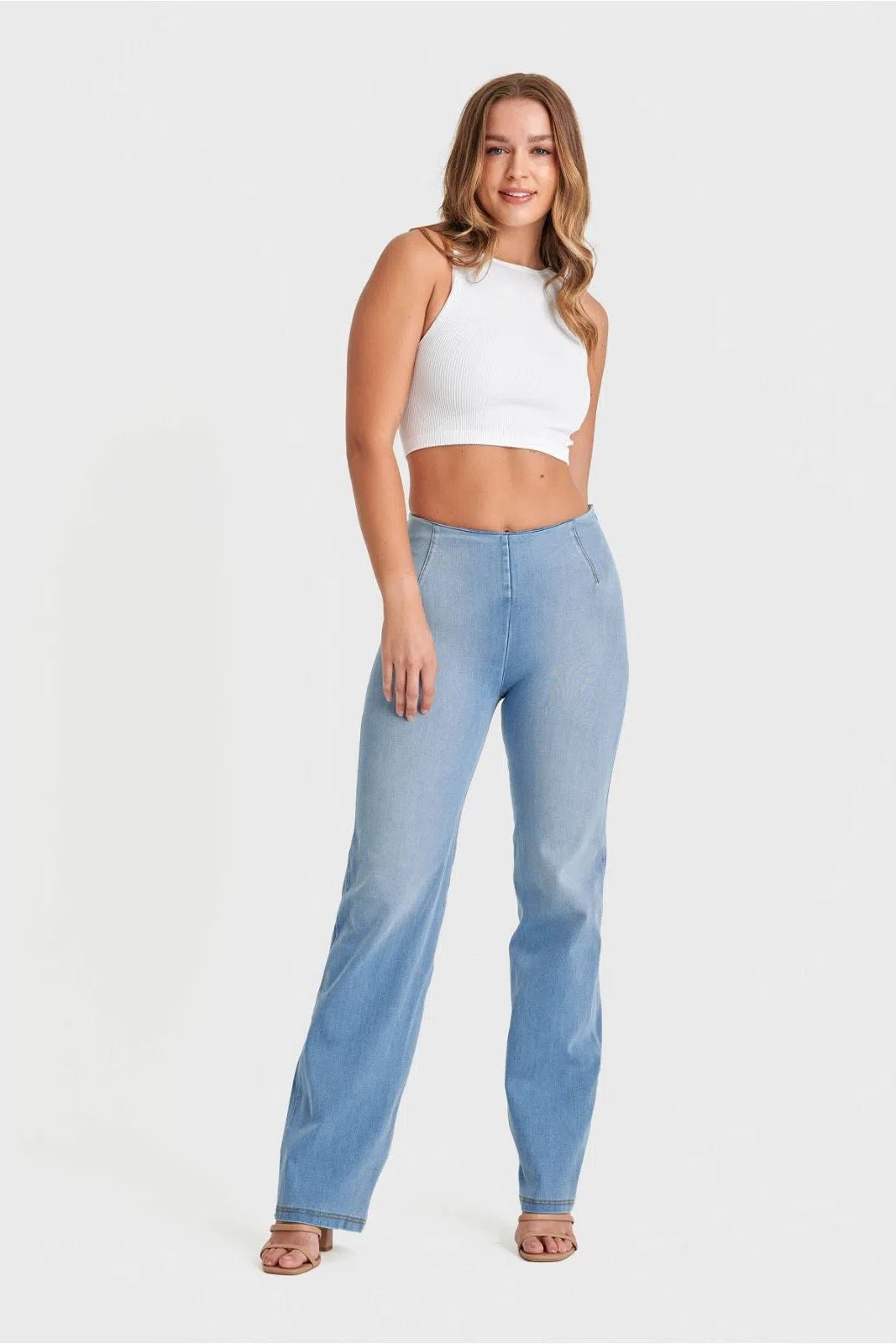 WR.UP® SNUG Jeans - High Waisted - Flare - Light Blue + Yellow Stitching 2