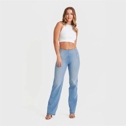 WRUP SNUG Jeans - High Waisted - Flare - Light Blue + Yellow Stitching