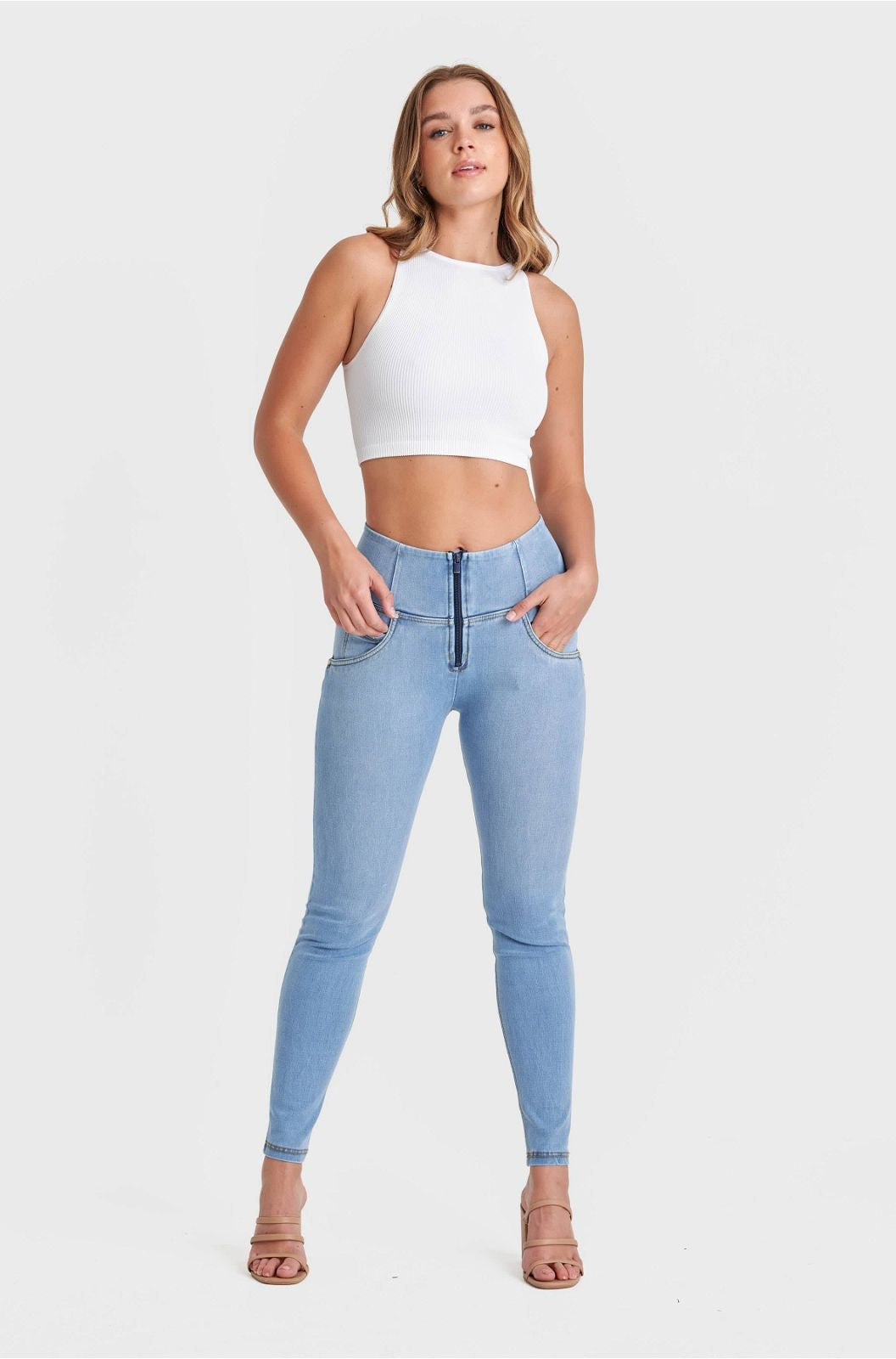 WR.UP® SNUG Jeans - High Waisted - Full Length - Light Blue + Yellow Stitching