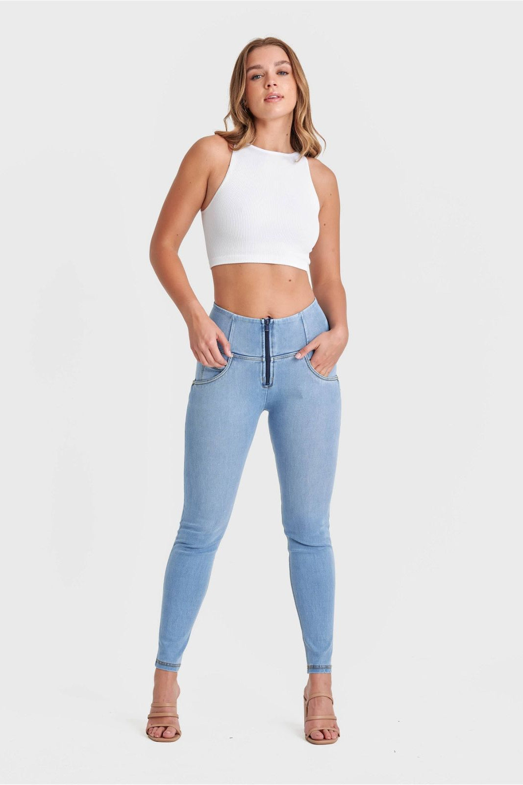 WR.UP® SNUG Jeans - High Waisted - Full Length - Light Blue + Yellow Stitching 1