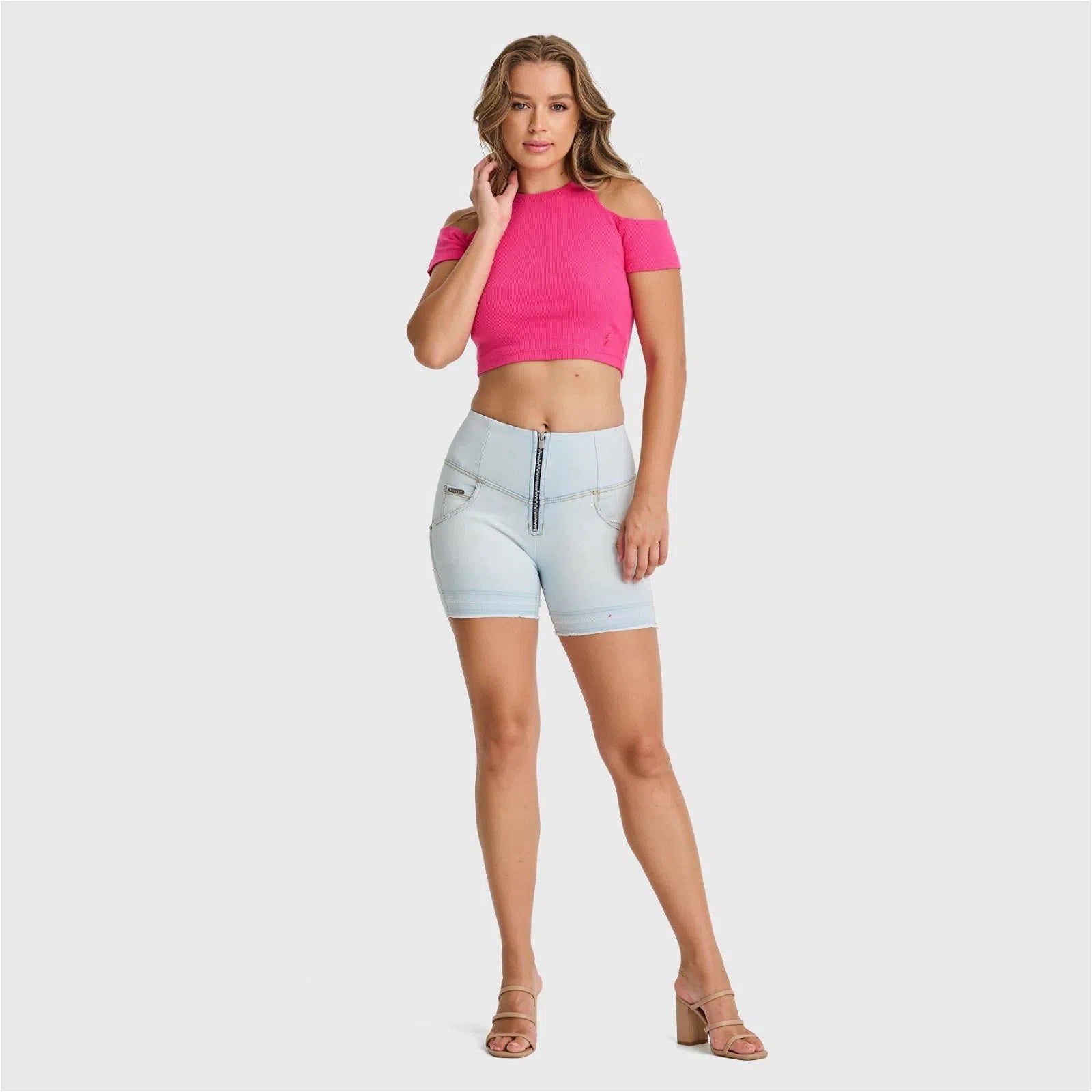 WR.UP® SNUG Jeans - High Waisted - Shorts - Baby Blue + Yellow Stitching 2