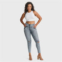 WRUP SNUG Ripped Jeans - High Waisted - Petite Length - Blue Stonewash + Yellow Stitching