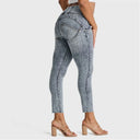 WRUP SNUG Ripped Jeans - High Waisted - Petite Length - Blue Stonewash + Yellow Stitching