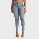 WRUP SNUG Ripped Jeans - High Waisted - Petite Length - Blue Stonewash + Yellow Stitching