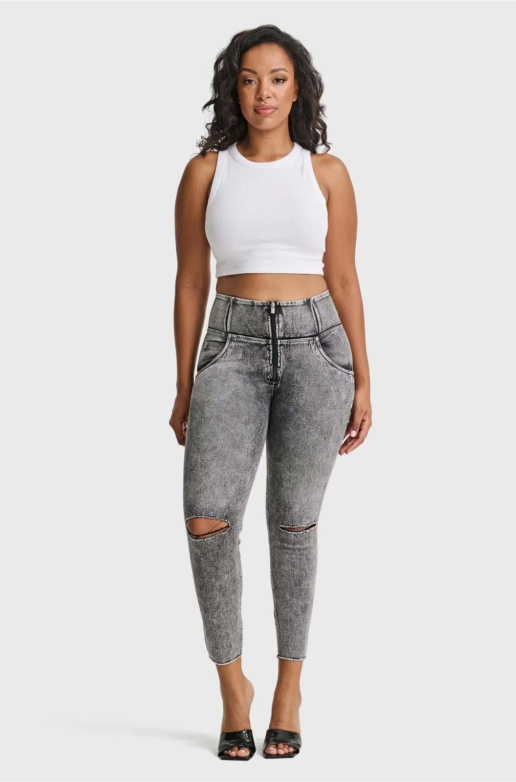 WR.UP® SNUG Ripped Jeans - High Waisted - Petite Length - Grey Stonewash + Grey Stitching