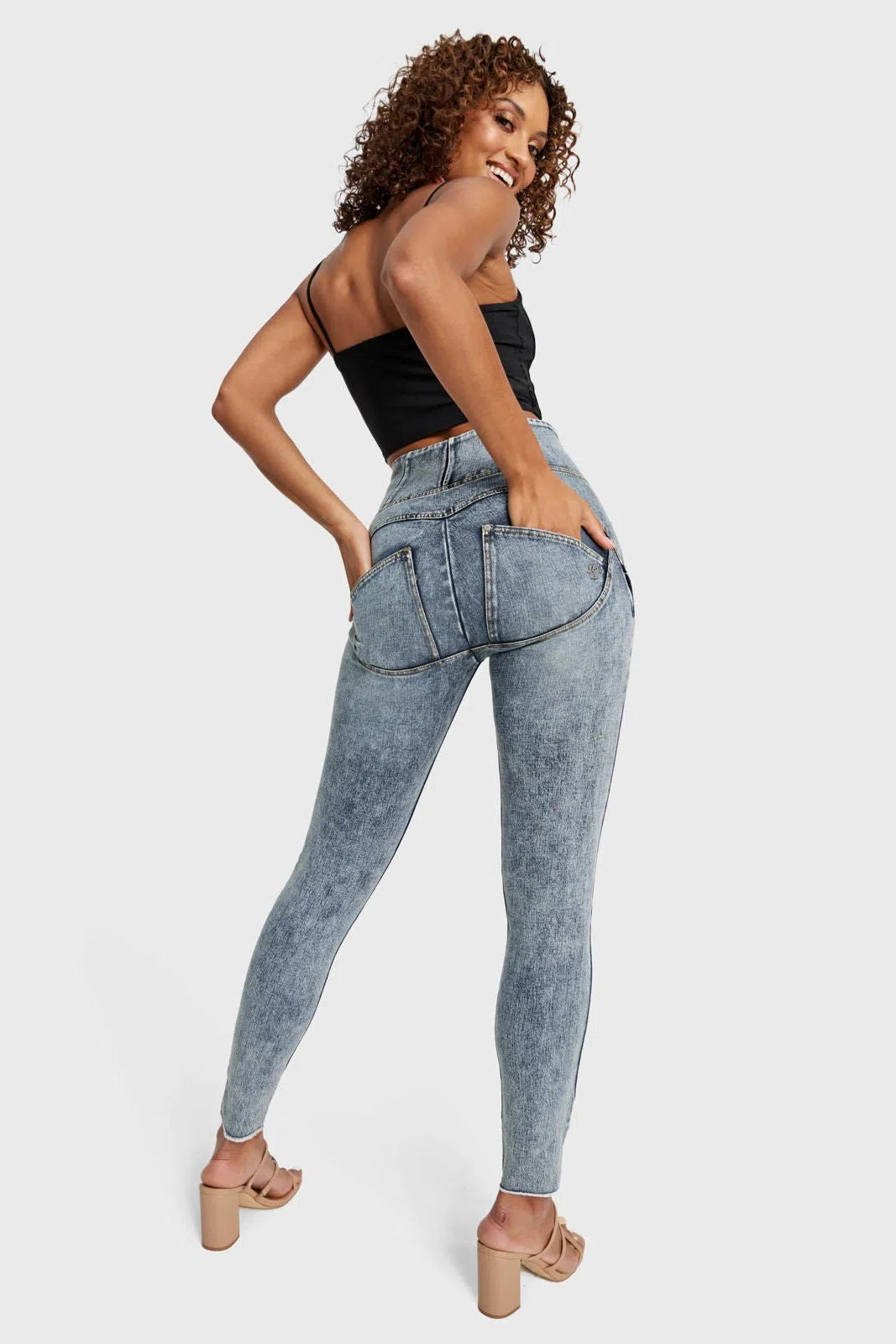 WR.UP® SNUG Ripped Jeans - High Waisted - Full Length - Blue Stonewash + Yellow Stitching 2