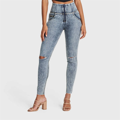 WR.UP® SNUG Ripped Jeans - High Waisted - Full Length - Blue Stonewash + Yellow Stitching