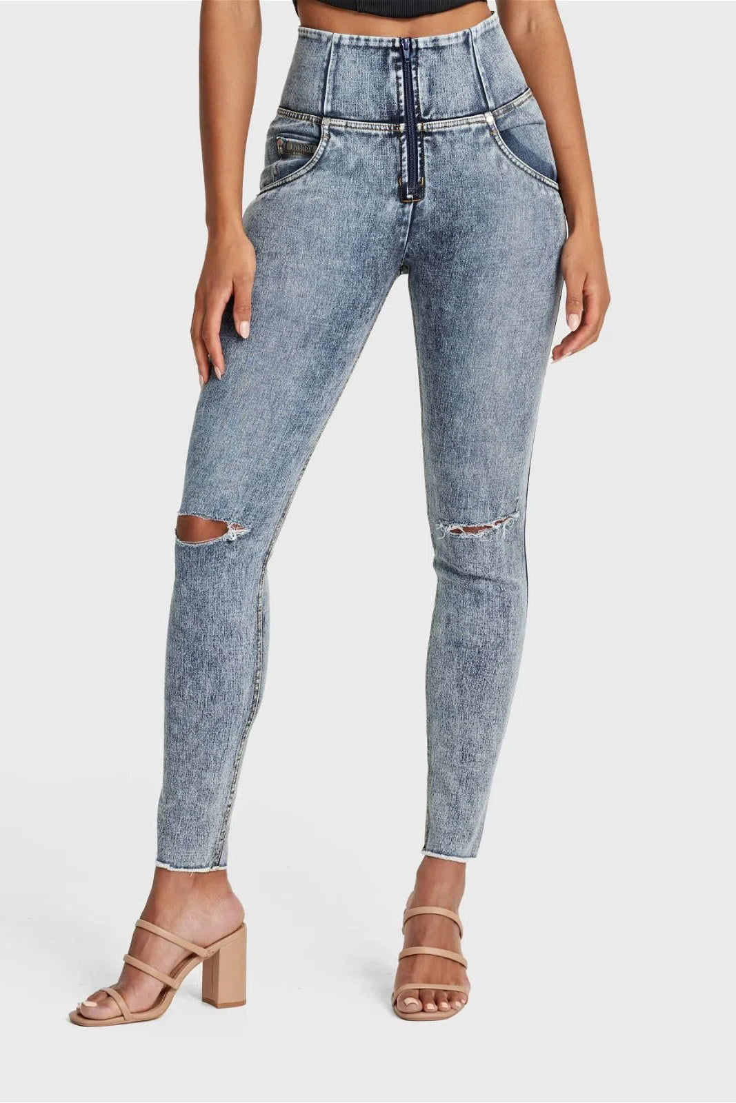 WR.UP® SNUG Ripped Jeans - High Waisted - Full Length - Blue Stonewash + Yellow Stitching 1