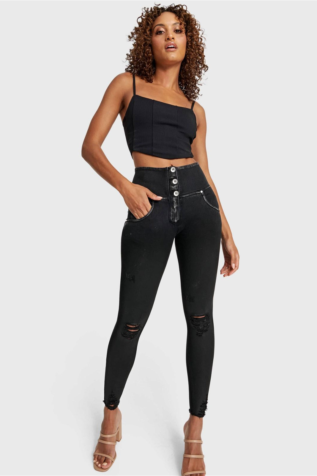 WR.UP® Snug Ripped Jeans - Cintura alta - Largo completo - Negro revestido + Costuras negras  3