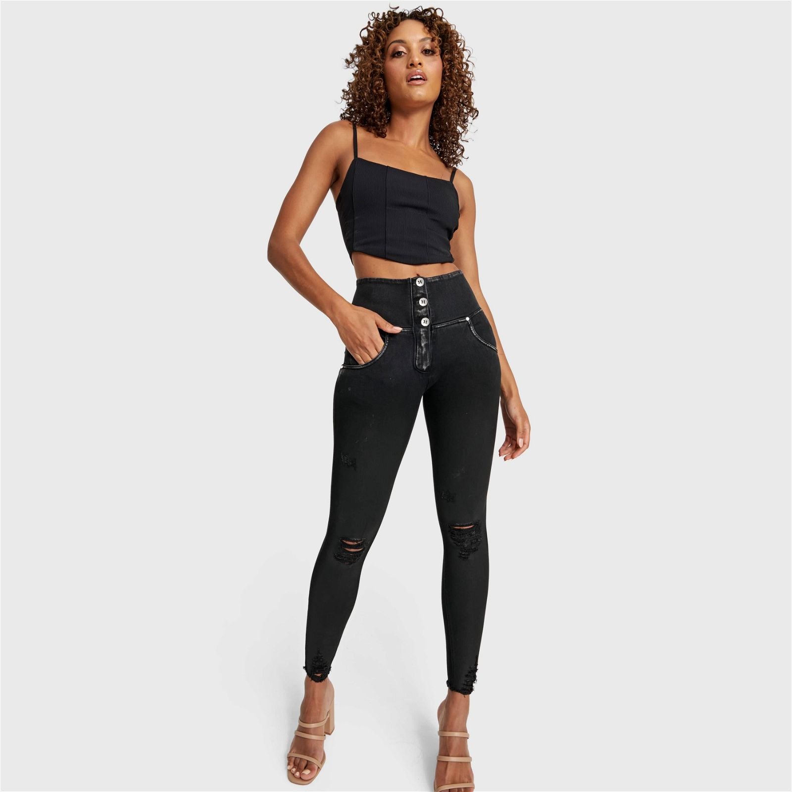 WR.UP® SNUG Ripped Jeans - High Waisted - Full Length - Coated Black + Black Stitching 3