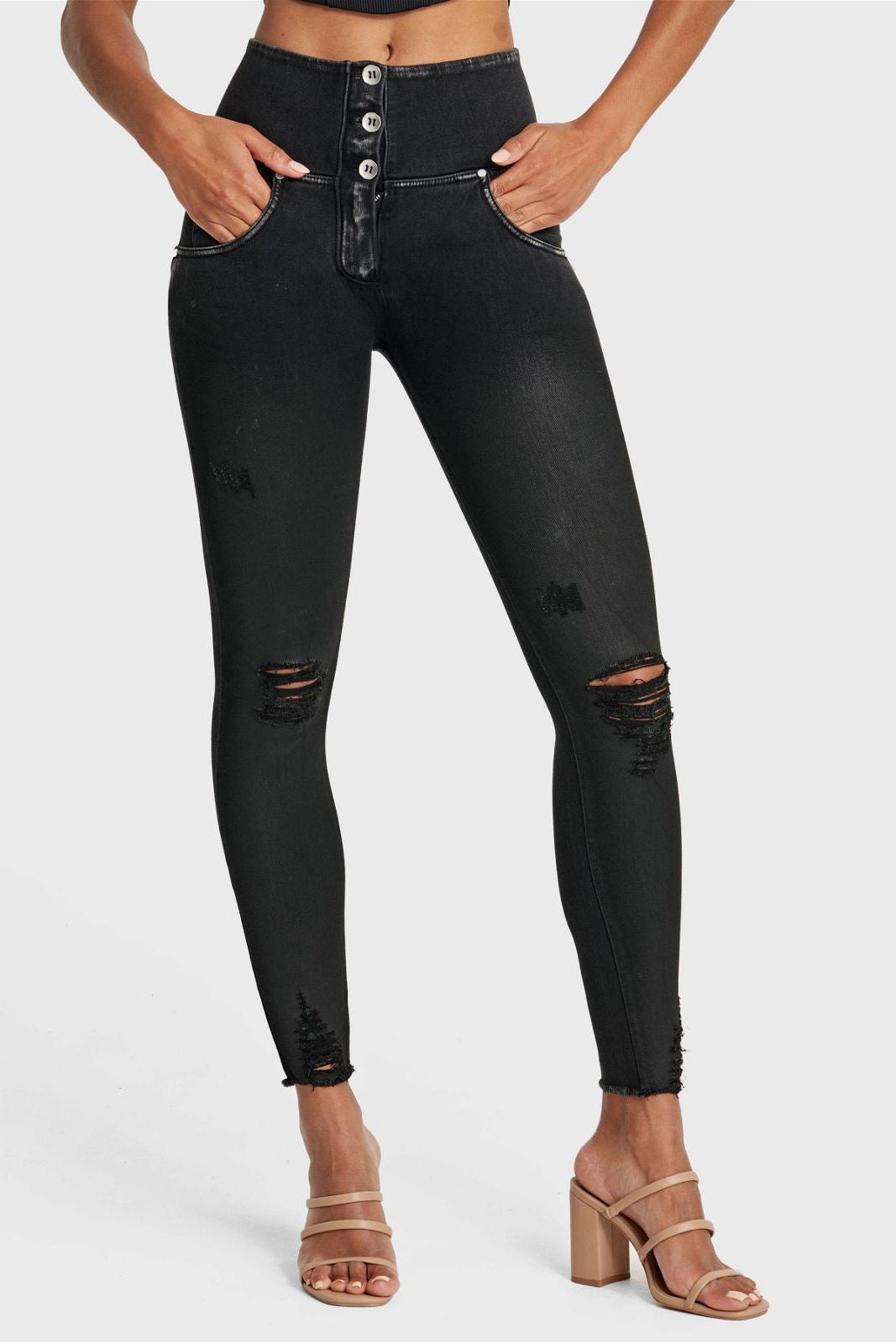 WR.UP® Snug Ripped Jeans - Cintura alta - Largo completo - Negro revestido + Costuras negras  1