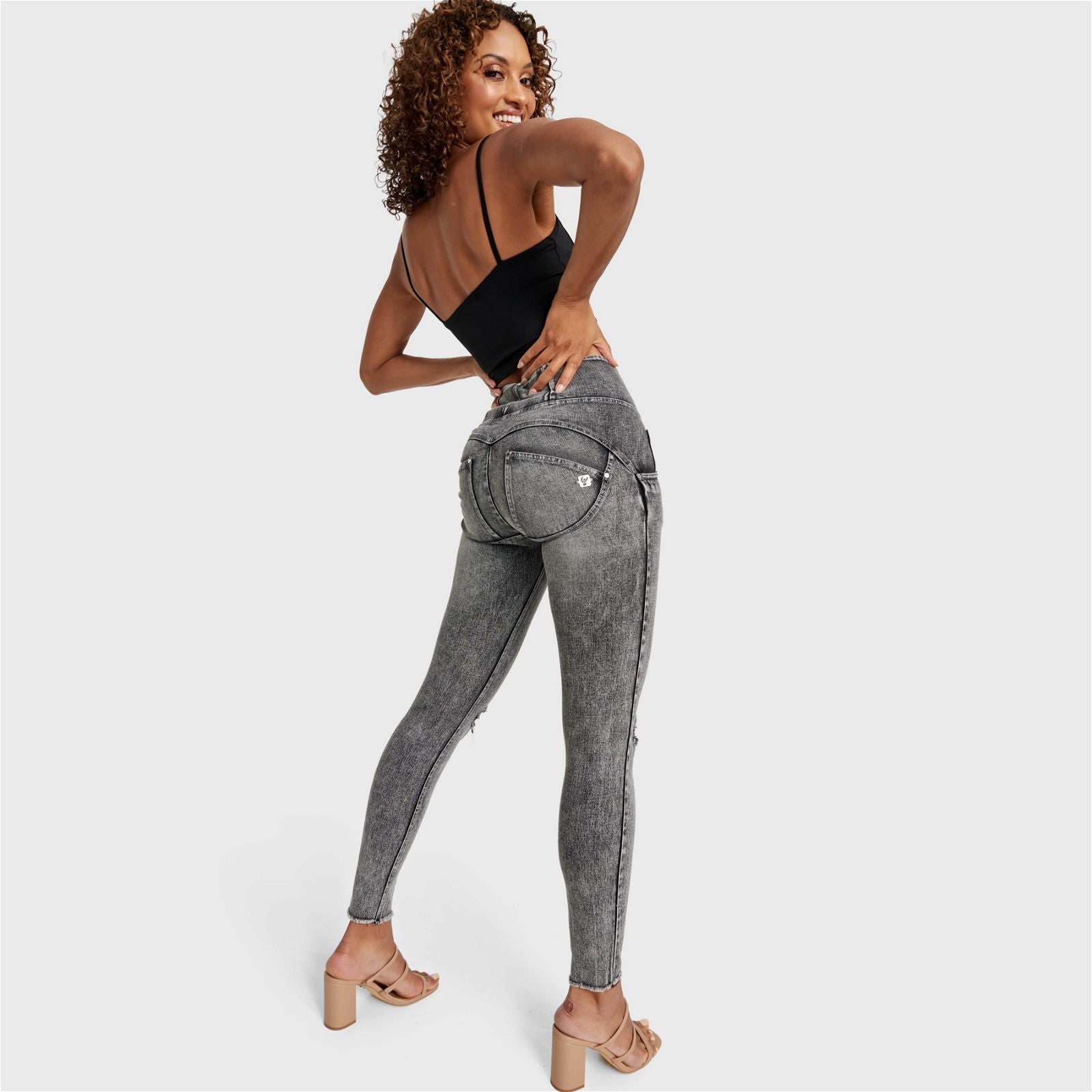 WR.UP® SNUG Ripped Jeans - High Waisted - Full Length - Grey Stonewash + Grey Stitching 2