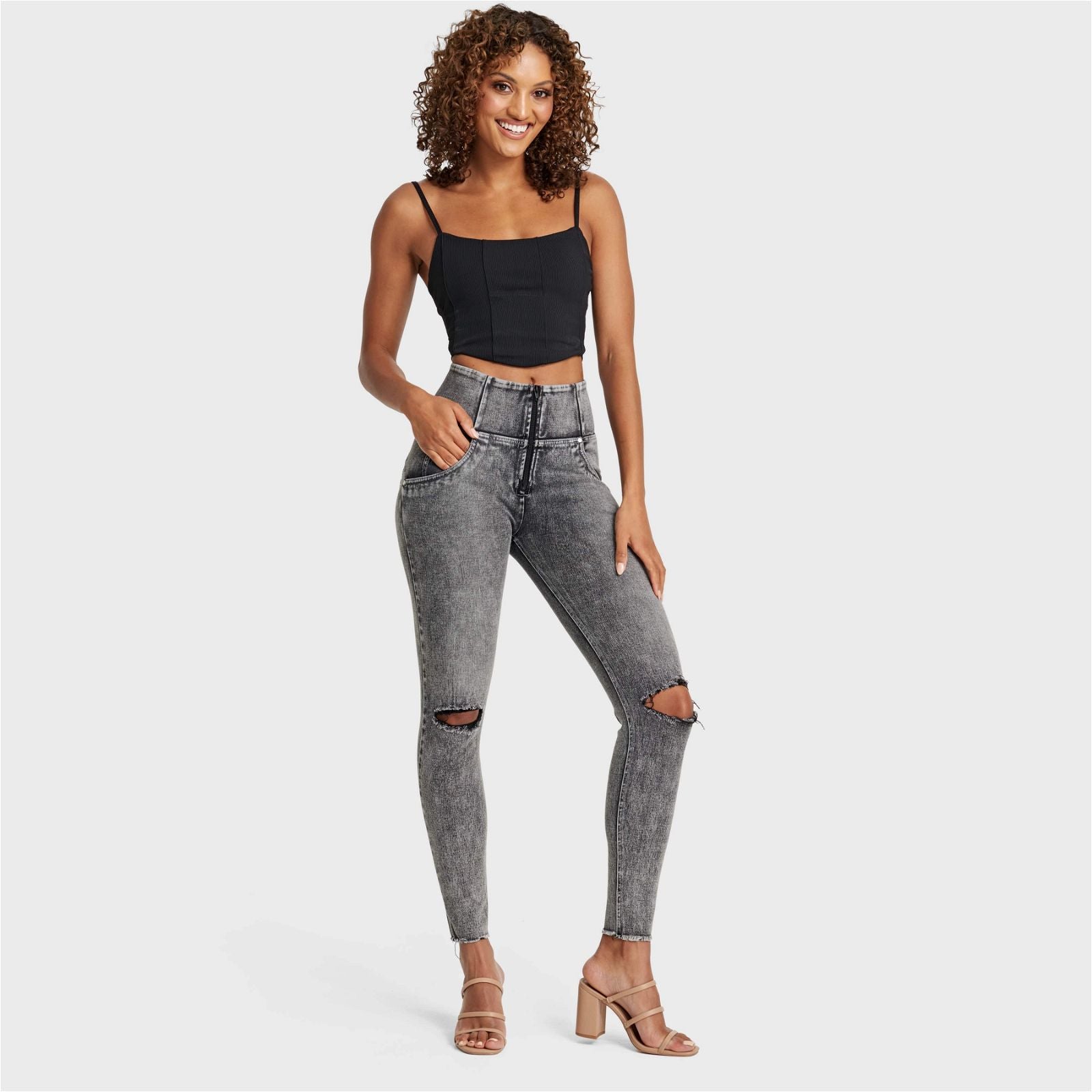 WR.UP® SNUG Ripped Jeans - High Waisted - Full Length - Grey Stonewash + Grey Stitching 1