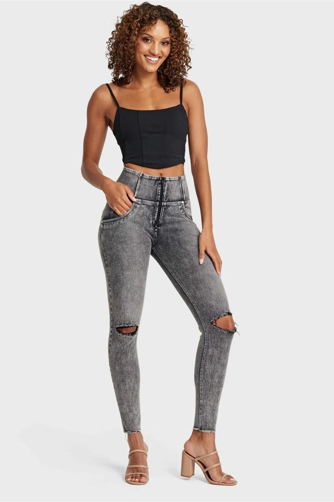 WR.UP® SNUG Ripped Jeans - High Waisted - Full Length - Grey Stonewash + Grey Stitching 1