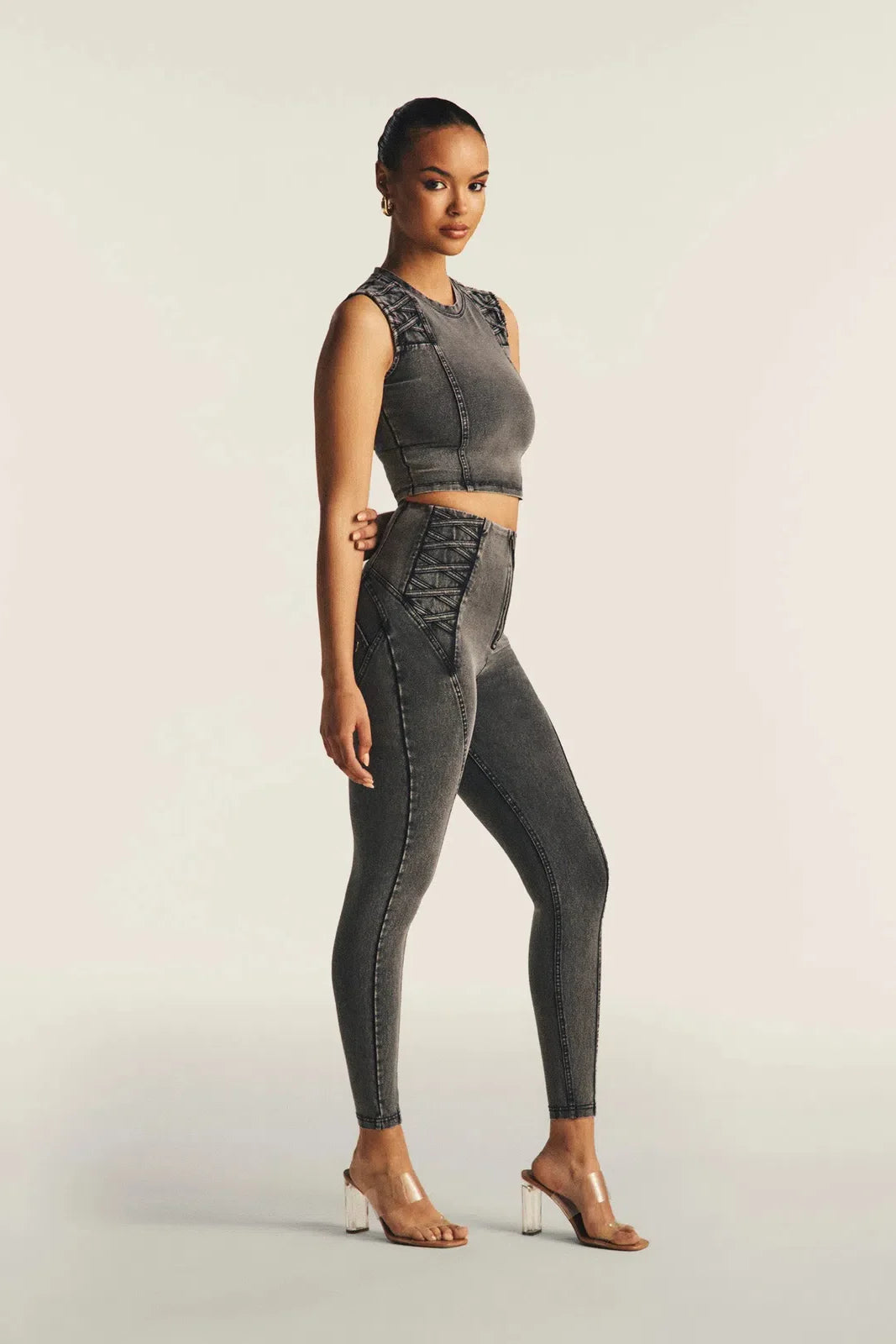 WRUP Denim Criss Cross Detail - High Waisted - Petite Length - Dark Grey Denim + Black Stitching 2