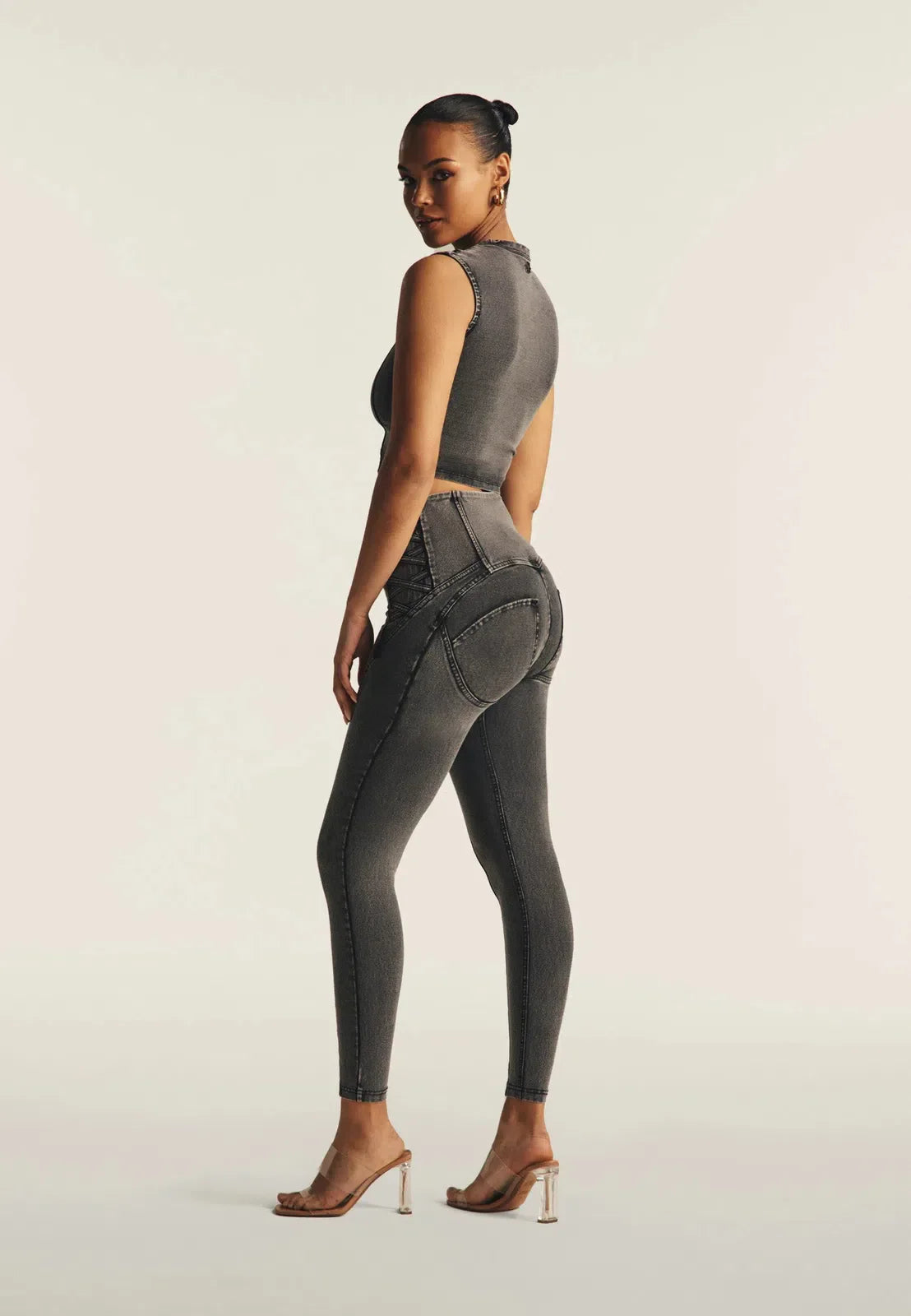 WRUP Denim Criss Cross Detail - High Waisted - Petite Length - Dark Grey Denim + Black Stitching 3