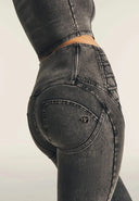 WRUP Denim Criss Cross Detail - High Waisted - Petite Length - Dark Grey Denim + Black Stitching