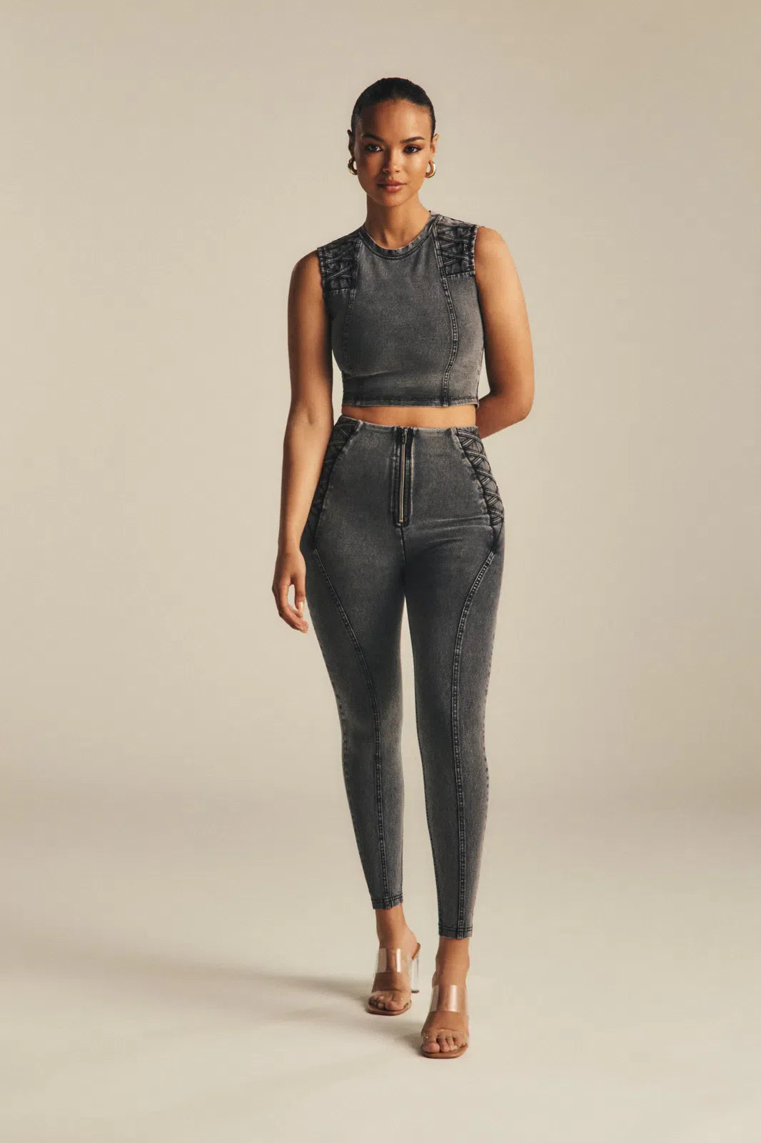 WRUP Denim Criss Cross Detail - High Waisted - Petite Length - Dark Grey Denim + Black Stitching 1