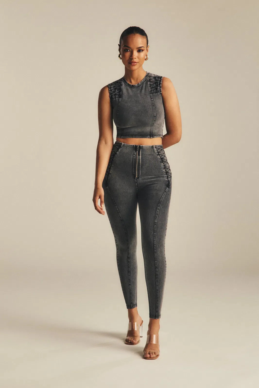 WRUP Denim Criss Cross Detail - High Waisted - Petite Length - Dark Grey Denim + Black Stitching 1