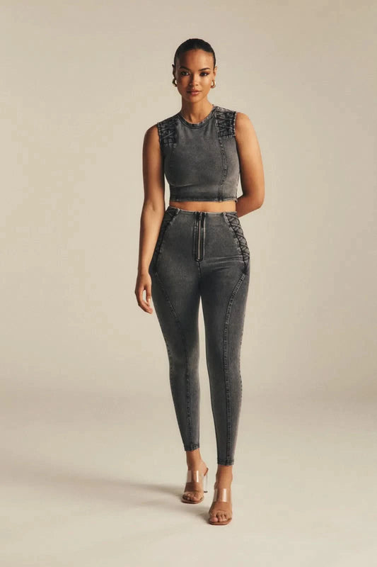 WRUP Denim Criss Cross Detail - High Waisted - Ankle Length - Dark Grey Denim + Black Stitching