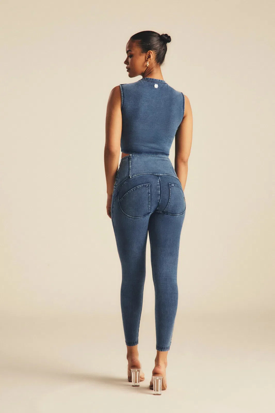 WRUP Denim Criss Cross Detail - High Waisted - Petite Length - Indigo Denim + Blue Stitching 2