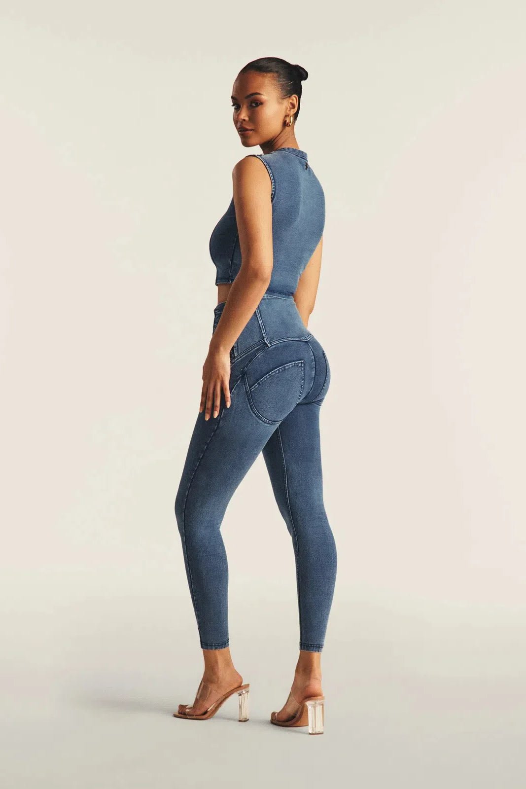 WRUP Denim Criss Cross Detail - High Waisted - Petite Length - Indigo Denim + Blue Stitching 3