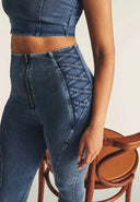 WRUP Denim Criss Cross Detail - High Waisted - Petite Length - Indigo Denim + Blue Stitching