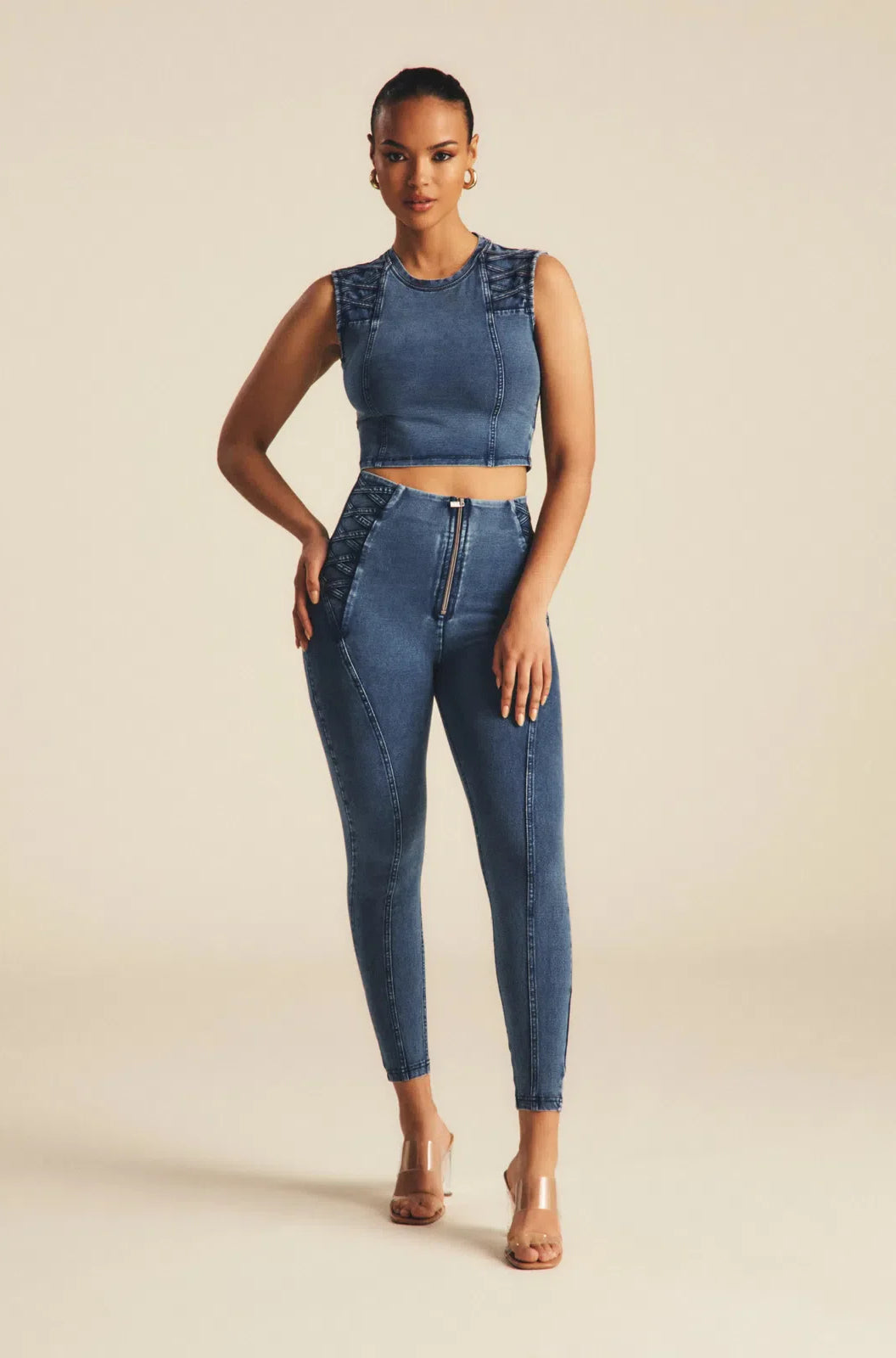 WRUP Denim Criss Cross Detail - High Waisted - Petite Length - Indigo Denim + Blue Stitching