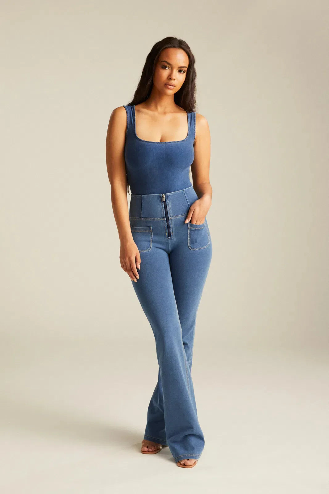 WRUP Denim with Front Pockets - Super High Waisted - Flare - Light Blue + Beige Stitching 1