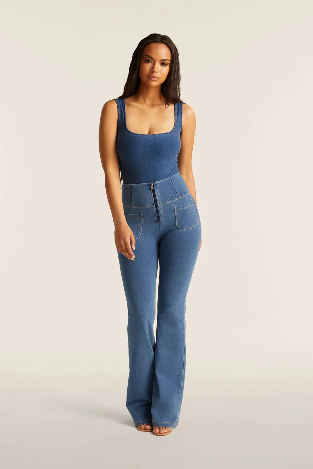 WRUP Denim with Front Pockets - Super High Waisted - Flare - Light Blue + Beige Stitching 3