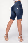 WR.UP® Distressed Denim - High Waisted - Biker Shorts - Dark Blue + Yellow Stitching 6