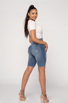 WR.UP® Distressed Denim - High Waisted - Biker Shorts - Light Blue + Yellow Stitching 6