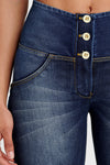 WR.UP® Denim - High Waisted - 3 Button Biker Shorts - Dark Blue + Yellow Stitching 6