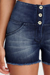 WR.UP® Denim - High Waisted - 3 Button Shorts - Dark Blue + Blue Stitching 8