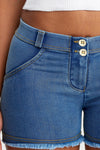 WR.UP® Denim - Tiro medio - Pantalones cortos - Azul claro + Costuras amarillas 6