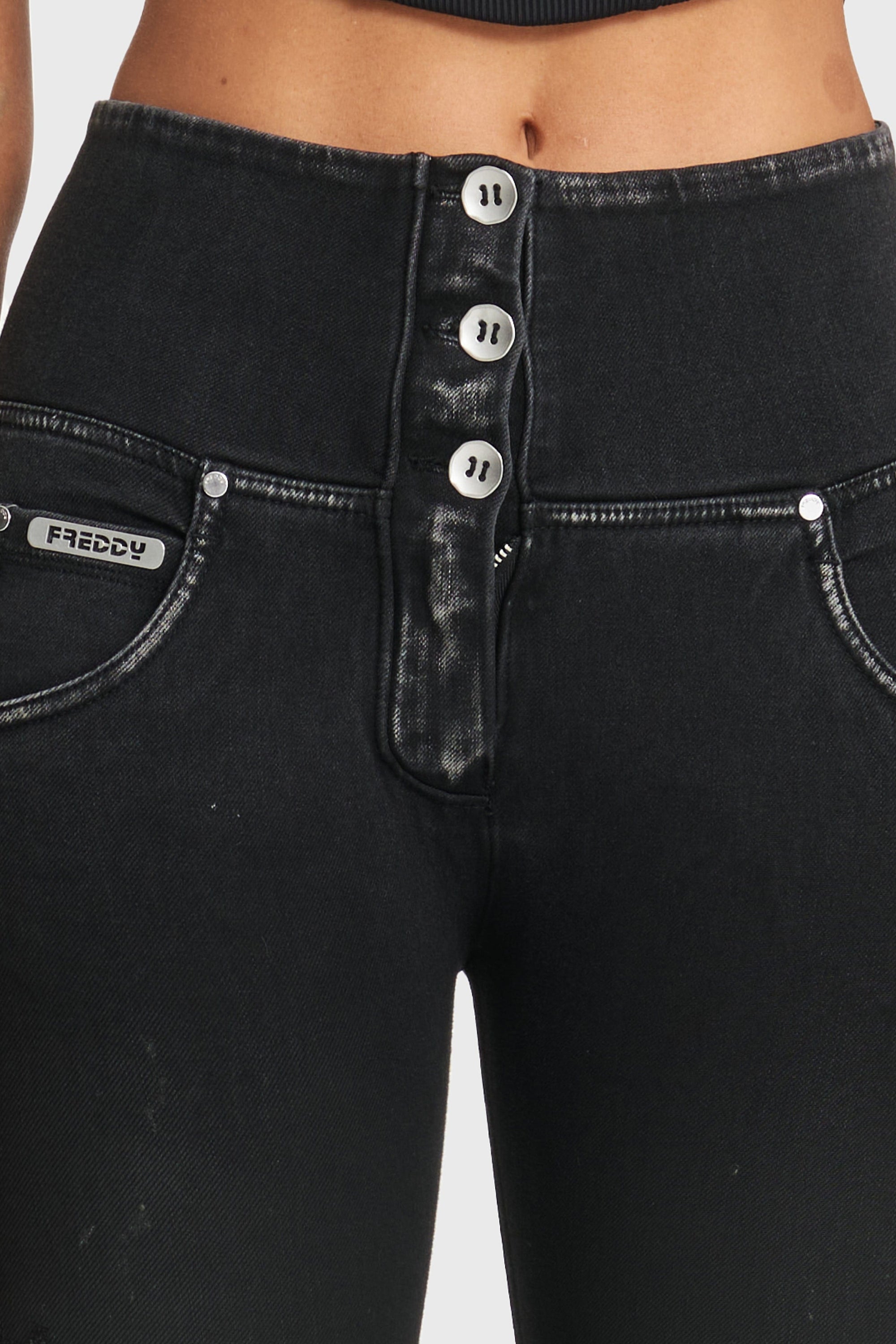 WR.UP® Snug Ripped Jeans - Cintura alta - Largo completo - Negro revestido + Costuras negras  10