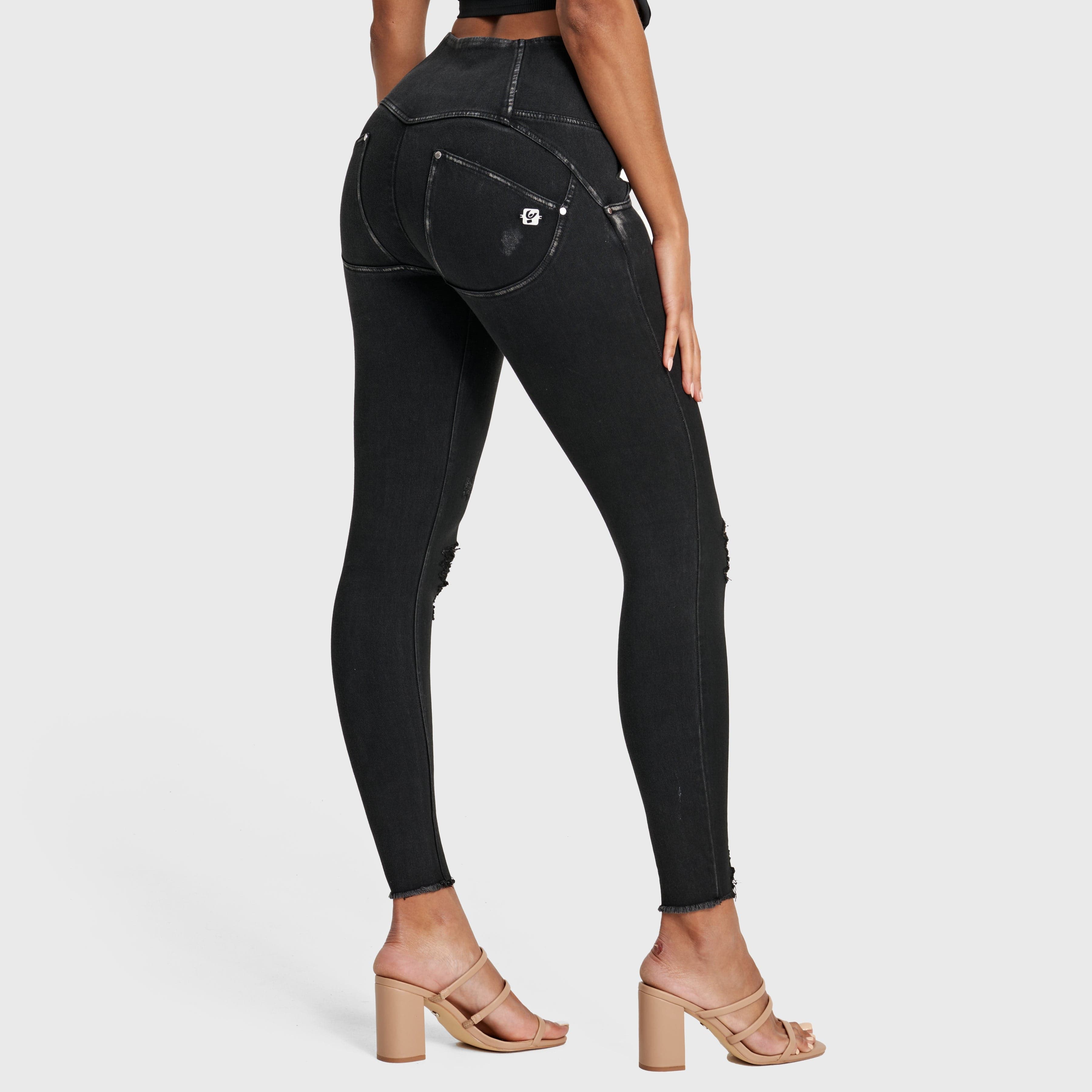 WR.UP® Snug Ripped Jeans - Cintura alta - Largo completo - Negro revestido + Costuras negras  2