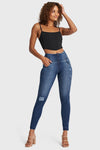 WR.UP® Snug Distressed Jeans - High Waisted - Full Length - Dark Blue + Blue Stitching 6