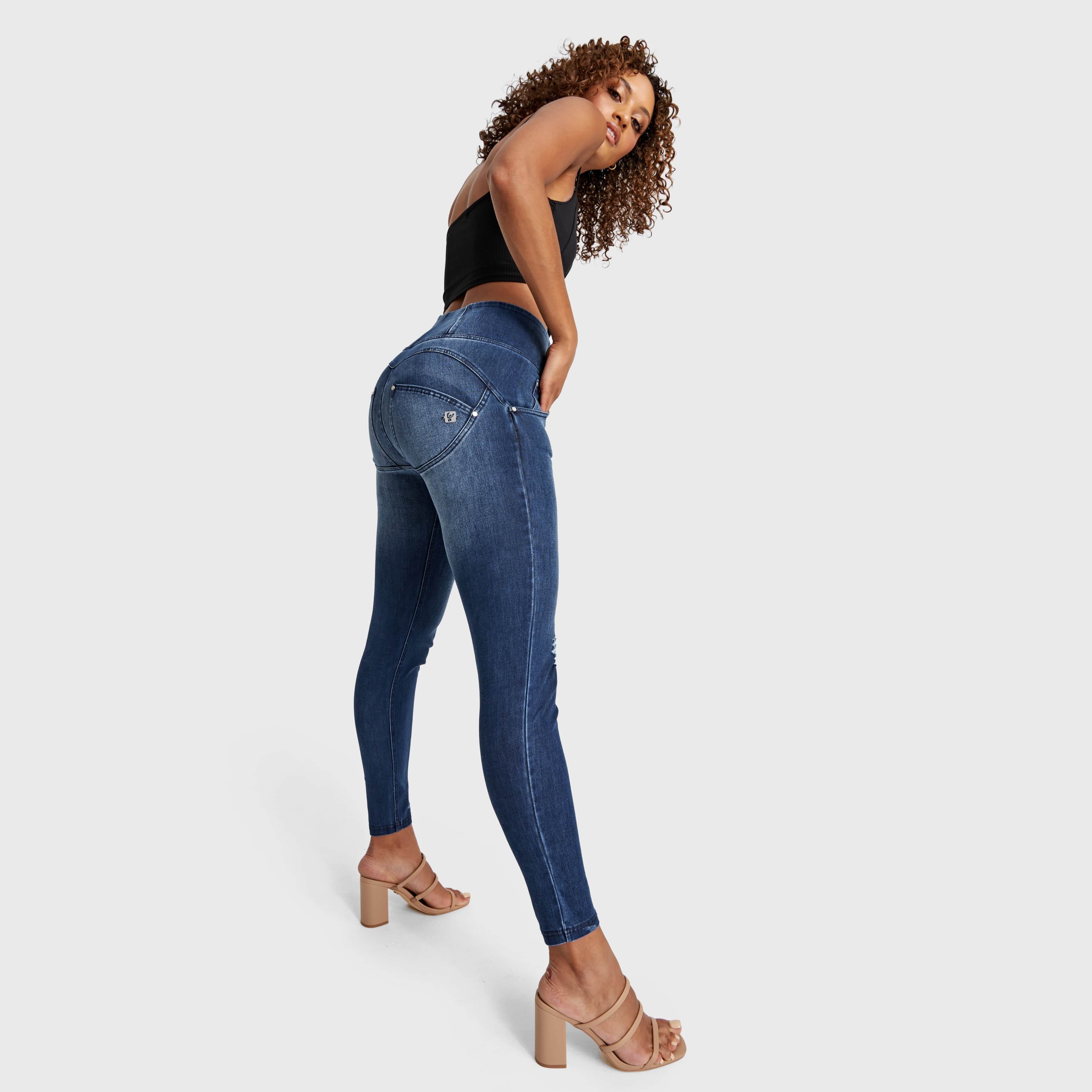 WR.UP® Snug Distressed Jeans - High Waisted - Full Length - Dark Blue + Blue Stitching 3